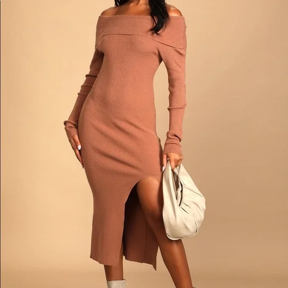 Camel Ribbed Off-the-Shoulder Bodycon Maxi Dress - Picture 2 of 5